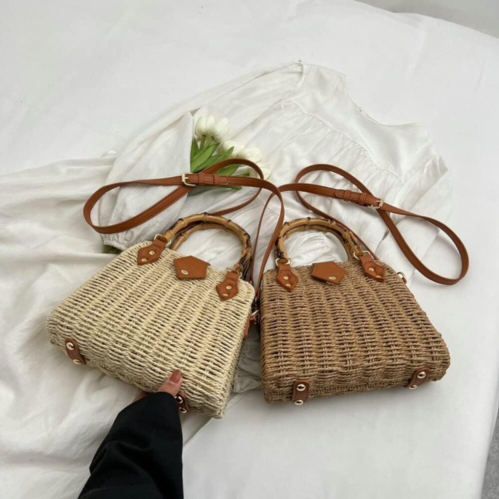 Women Straw Crossbody Bag Handwoven Basket Handbags Summer Beach Weave Shoulder - Picture 8 of 8